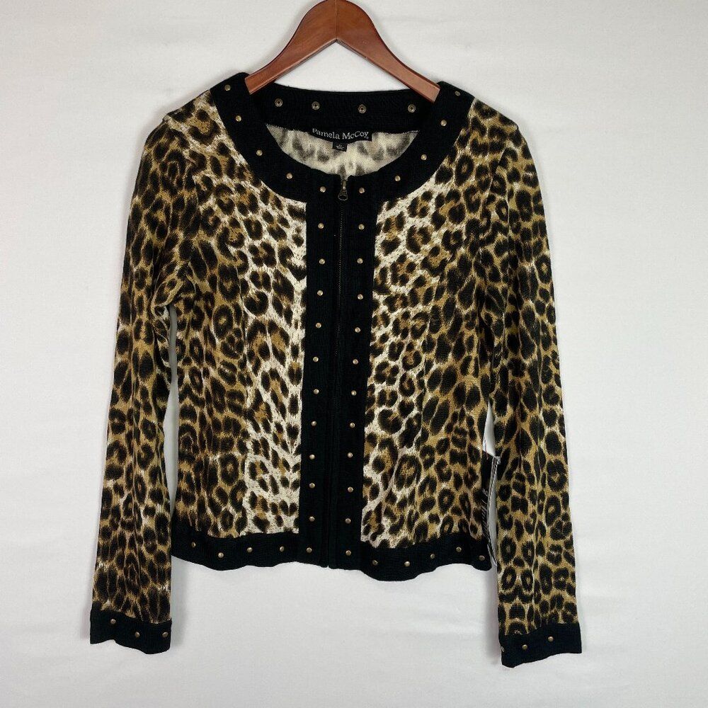 Pamela McCoy Leopard Long Sleeve Wool Blend Studded Zip Jacket Brown Black XS